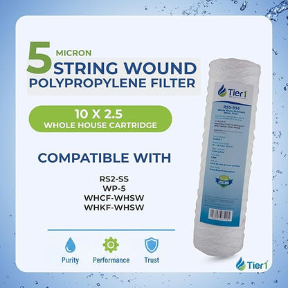 Tier1 5 Micron 10 x 2.5 Water Filter | String Wound Polypropylene Whole House Fine Sediment Filter Cartridge | Replacement for Pentek WP-5, OmniFilter RS2-SS, WHCF-WHSW | 2.5 x 10 Water Filter