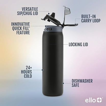 Ello Pop & Fill 32oz Stainless Steel Water Bottle with Quick Fill Technology, Double Walled and Vacuum Insulated Metal, Leak Proof Locking Lid, Sip and Chug, Reusable, BPA Free, Tonal Black