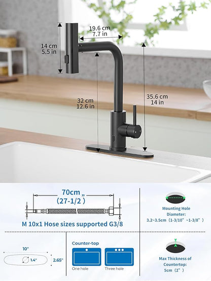 Touchless Black Kitchen Faucets with Pull Down Sprayer,Waterfall Kitchen Sink Faucet,Commercial Utility Stainless Steel Kitchen Faucets,Single Handle Kitchen Sink Faucet for 3 Function