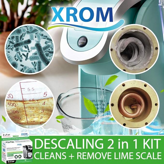 XROM Plant Based Descaling & Cleaning Kit, Compatible With All K-Cup Keurig 2.0 Brewers, All Natural Ingredients, Rinse Pods, Descaler Solution For Keurig Coffee Makers< 2 Uses.
