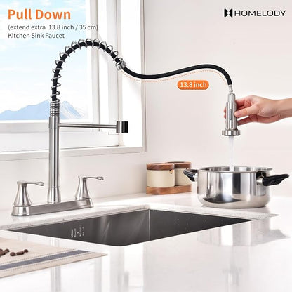 HOMELODY 2 Handles Kitchen Faucet with Pull Down Sprayer for 3 Hole Sink, 360° Rotating Spout Commercial 2 Handle Stainless Steel Kitchen Faucets with Deck Plate Brush Nickel