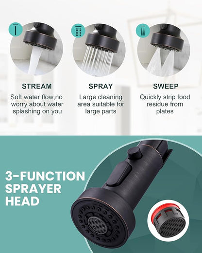 Kitchen Faucet with Pull Down Sprayer: Oil Rubbed Bronze 3-Function Kitchen Sink Faucets for 1 or 3 Hole - Stainless Steel Single Handle Spring Kitchen Faucets with Deck Plate for Farmhouse RV Laundry