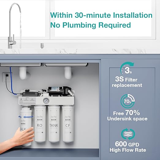 SimPure T2-600A Alkaline Reverse Osmosis Water Filter System, NSF/ANSI 58 Certified, Built-in Pressure Tank Filter, UV, 600 GPD 8 Stage RO Filtration with Mineral, 2:1 Pure to Drain Ratio