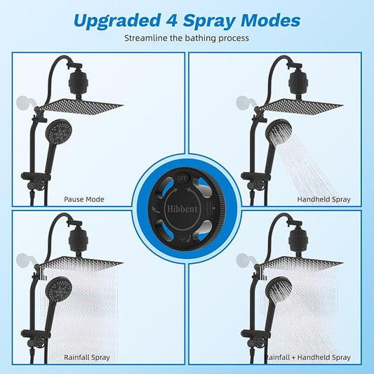 Hibbent Dual Filter All Metal 12" Rainfall Showerhead Combo, High Pressure Filter Shower Head with 10-Spray Handheld, 4-way Diverter with Pause Mode, 71'' Shower Hose and Holder, Oil Rubbed Bronze