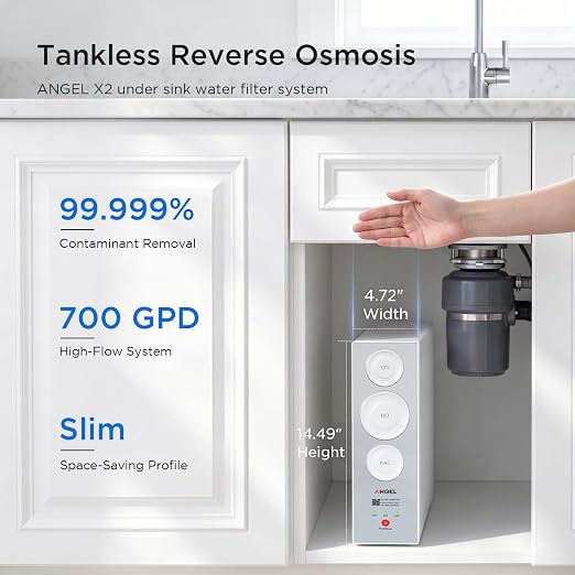 ANGEL X2 Tankless Reverse Osmosis System, 700 GPD, Under Sink RO Filter | NSF standards, 0.5 GPM fast flow, 2.5:1 pure-to-drain ratio, slim 4.72’’ design, easy DIY installation, 2-sec filter changes