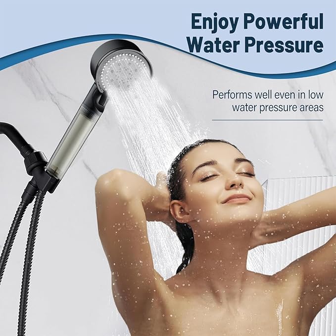 High Pressure Shower Head Black with Hose, 5-Spray Filtered Showerhead with No-Drill Holder, Water Softener Beads & ON/OFF Switch for Daily & Pet Care, Removes Chlorine, Softens Hard Water