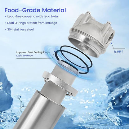 Amwater NSF/ANSI 42 Stainless Steel Whole House Water Filter Housing, 10" x 2.5" Sediment Water Filter System for Heavy Duty, Well & City Water, 1/2" NPT Port, Drain Valve Style C(Square Head)