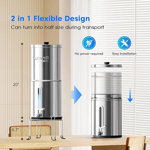 Purewell Upgraded 6-Stage 0.01μm Ultra-Filtration Gravity Water Filter System with Water Level Window, 304 Stainless Steel Countertop System with 2 Filters and Stand, Reduce 99% Chlorine, BO-2.25G
