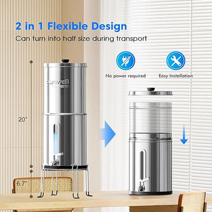 Purewell Upgraded 9-Stage Gravity Water Filter System with Water Level Window, 0.01μm Ultra-Filtration Countertop System with 2 Filters and Stand, pH 8-9, Reduce 99% Chlorine, BO-PH-2.25G