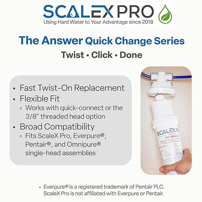 The Answer 12” Hard Water Scale Prevention Filter – Salt-Free NAC Technology Stops & Removes Scale Up to 26 Grains, Removes Chlorine & Other Common Municipal Water Chemicals, 7500 Gallons