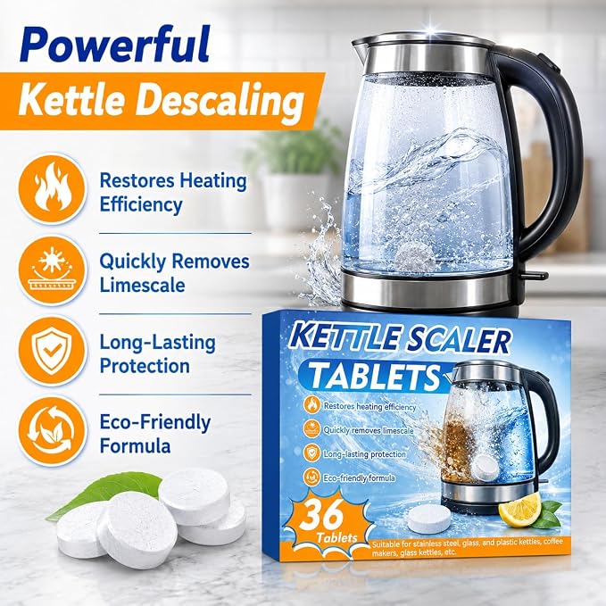 Kettle Descaler Tablet 36 Pcs, Citric Acid Limescale Remover for Kettles, Coffee Makers, Irons and Shower Heads, Powerful Descaling Tablets for Home Appliances