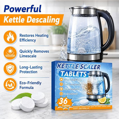 Kettle Descaler Tablet 36 Pcs, Citric Acid Limescale Remover for Kettles, Coffee Makers, Irons and Shower Heads, Powerful Descaling Tablets for Home Appliances
