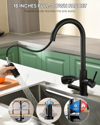Kitchen Faucet with Cup Washer Pull Down Sprayer Stainless Steel Kitchen Sink Faucet with Deck Plate Glass Rinser Single Hole Black