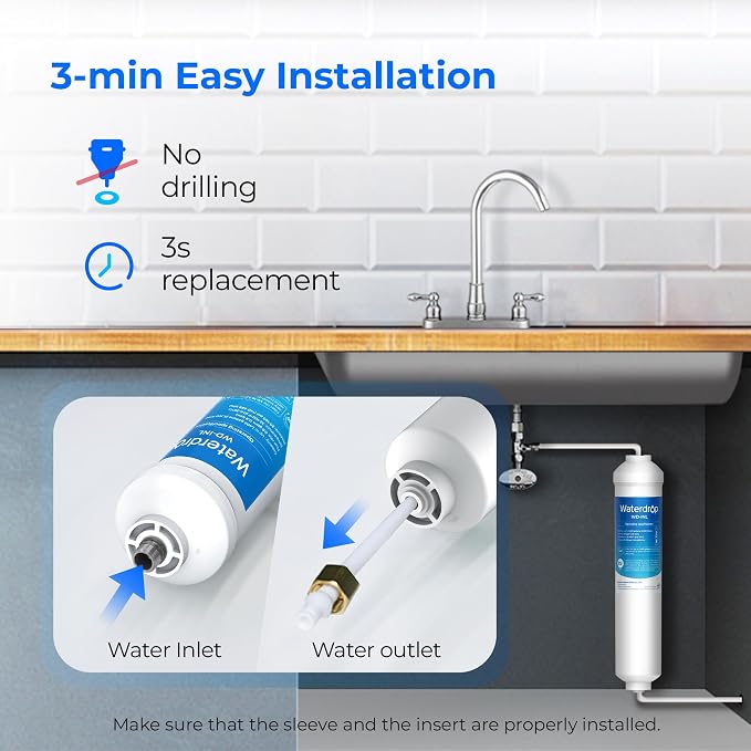 Waterdrop INL Inline Water Filter for Refrigerator and Ice Maker | Reduces Chlorine, Sediment, Bad Taste & Odor, NSF Certified High Capacity Drinking Water Filtration System, 1 Year