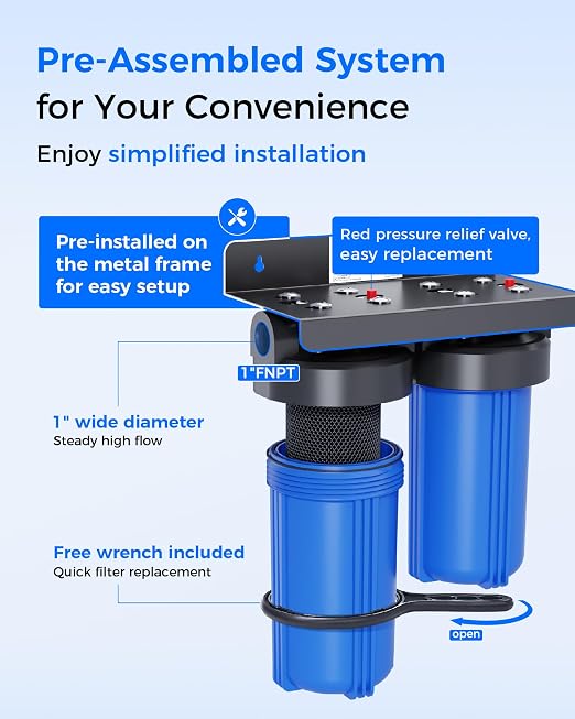 Waterdrop WHF21-BG 2-Stage Whole House Water Filter System, 5 Micron | Highly Reduces Chlorine, Taste, Odor, 5-Stage Filtration, with CTO Carbon Filter and Sediment Filter, 1" Inlet/Outlet