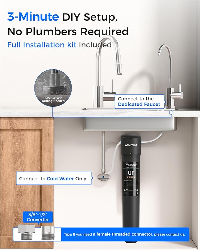 Waterdrop 17UB-UF 0.01 μm Ultra Filtration Under Sink Water Filter System, Reduces Lead, Chlorine, Bad Taste & Odor, 3 Years, with Dedicated Brushed Nickel Faucet, USA Tech