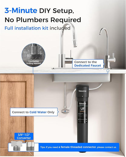 Waterdrop 17UB-UF 0.01 μm Ultra Filtration Under Sink Water Filter System, Reduces Lead, Chlorine, Bad Taste & Odor, 3 Years, with Dedicated Brushed Nickel Faucet, USA Tech
