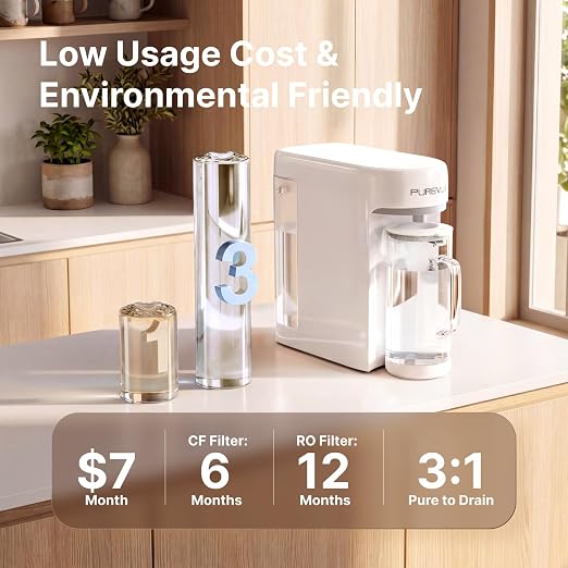 PR1-P Countertop Reverse Osmosis Water Filter System, 5 Stage RO Filtration Purifier No Plumbing Machine for Home Counter Top with 68 fl.oz(2L) Glass Pitcher, TDS and Filter Life Detection