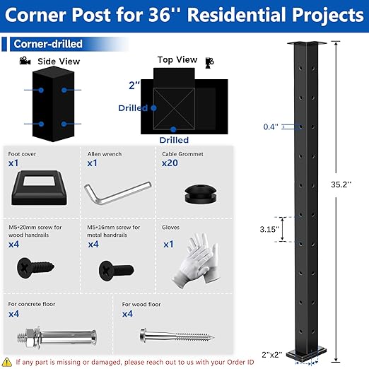 36" T304 L-drilled Cable Railing Corner Post(Post 35"x2"x2"), Wire Railing Post with Cable Grommets, Modular Fixed Top Mount Stainless Steel Black Finish Deck Staircase Post