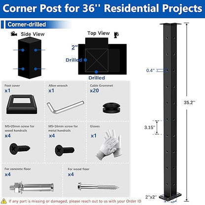 36" T304 L-drilled Cable Railing Corner Post(Post 35"x2"x2"), Wire Railing Post with Cable Grommets, Modular Fixed Top Mount Stainless Steel Black Finish Deck Staircase Post