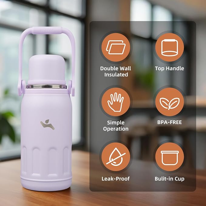 Konokyo Insulated Water Bottle with Handle and Strap,Vacuum Travel Tumbler with Cup Lid,Thermo Coffee Cup for Hot Cold Drinks 27 OZ,Purple