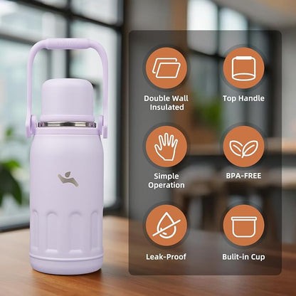 Konokyo Insulated Water Bottle with Handle and Strap,Vacuum Travel Tumbler with Cup Lid,Thermo Coffee Cup for Hot Cold Drinks 27 OZ,Purple