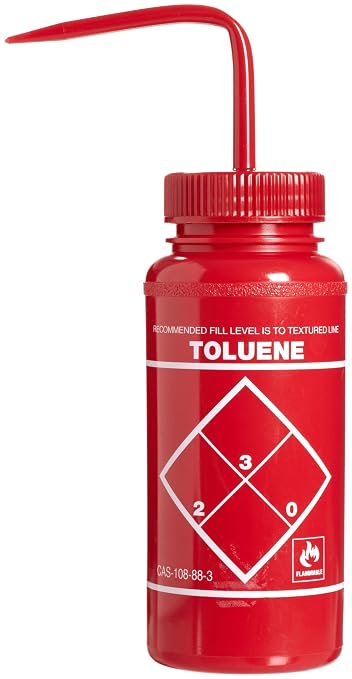 SP Bel-Art Safety-Labeled 2-Color Toluene Wide-Mouth Wash Bottles; 500ml (16oz), Polyethylene w/Red Polypropylene Cap (F11646-0628), Natural (Pack of 6)