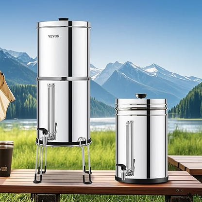 VEVOR Gravity-fed Water Filter System, 2.25G 304 Stainless-Steel Countertop Filtration System, Reduces Lead and up to 99% of Chlorine, with 2 Activated Carbon Filter, 2 Defluorination Filter, Spigot