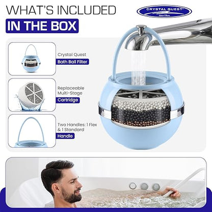 Crystal Quest Bath Ball Filter for Tub Faucet, Bathtub Water Filter, BPA-Free Bathtub Filter, Removes Chlorine, Lead & Impurities, Improves Skin, Hair & Nails, Long Lasting, Fits Most Tubs - Blue