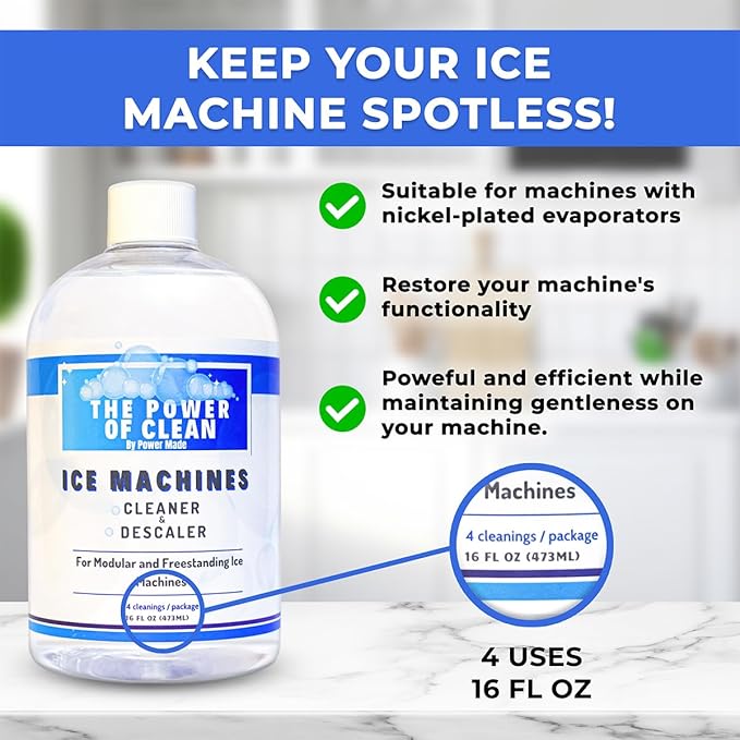 Ice Machine Cleaner & Descaler 16 fl oz 4 Uses | Nickel Safe Ice Maker Cleaner, Crystal Clear Descaling solution | Compatible with Whirlpool, Scotsman, Manitowoc & Follet | Made in USA