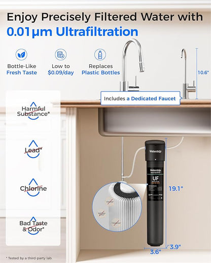 Waterdrop 17UB-UF 0.01 μm Ultra Filtration Under Sink Water Filter System, Reduces Lead, Chlorine, Bad Taste & Odor, 3 Years, with Dedicated Brushed Nickel Faucet, USA Tech
