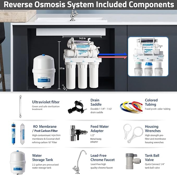 PureDrop RTW5U Reverse Osmosis Water Filter System with UV Filter, Ultraviolet TDS Reduction RO Water Filtration System, 6-Stage Under Sink Water Filter with Faucet Plus Extra 3 Filters, 50 GPD, White