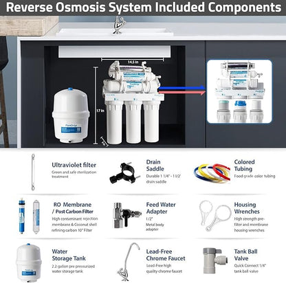 PureDrop RTW5U Reverse Osmosis Water Filter System with UV Filter, Ultraviolet TDS Reduction RO Water Filtration System, 6-Stage Under Sink Water Filter with Faucet Plus Extra 3 Filters, 50 GPD, White