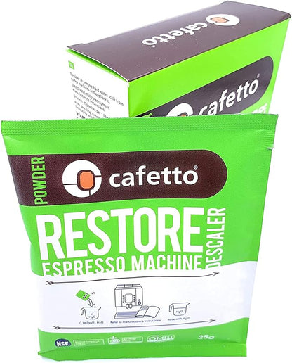 Cafetto Restore Espresso Machine Descaler, Coffee Machine Cleaning Powder for Use In Organic Systems (4 Single Use Packets)
