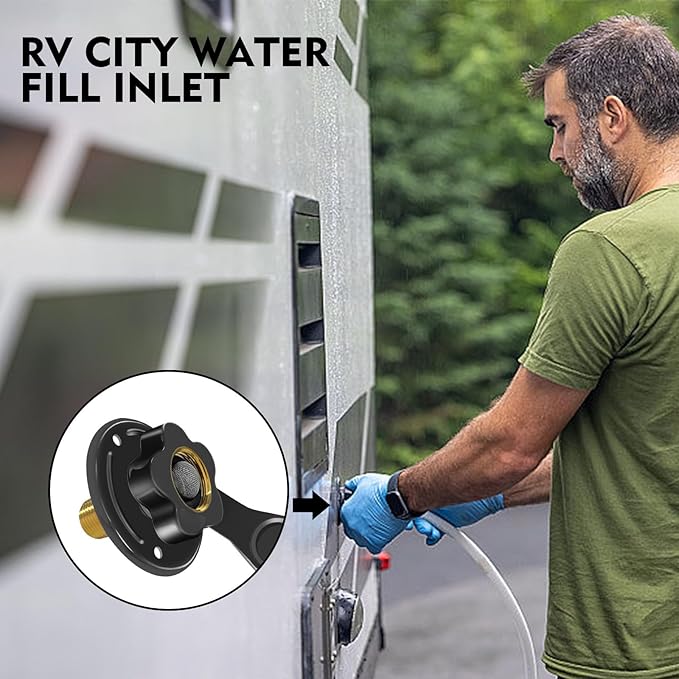 RV City Water Inlet with Check Valve, RV Water Inlet Replacement, 3/4 NH Female to 1/2 NPT Male Black Flange RV Fresh Water Inlet, RV Water Inlet with Dust Plug for RV Camper Motorhome, Black
