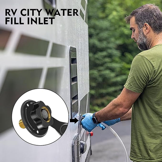 RV City Water Inlet with Check Valve, RV Water Inlet Replacement, 3/4 NH Female to 1/2 NPT Male Black Flange RV Fresh Water Inlet, RV Water Inlet with Dust Plug for RV Camper Motorhome, Black