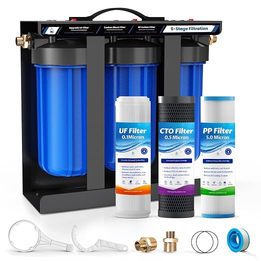 RV Water Filter System,0.01 Micron Camper Water Filter System, 5-Stage RV Water Filtration System Reduces Sediments, Chlorine, Vocs, Heavy Metals, Odors for Travel Trailers, Boats, 1" Inlet/Outlet