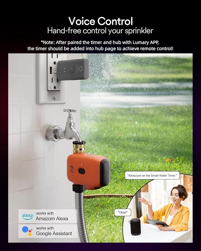 Lumary WiFi Water Timer for Garden Hose w/Hub Brass Inlet, Work with Alexa | Brass Inlet, Support Rain Delay/Remote/Auto/Manual, Battery Sprinkler Timer for Drip Irrigation System, Programmable Faucet