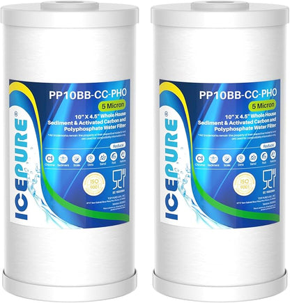 ICEPURE 5 Micron 10" x 4.5" Whole House Sediment Activated Carbon and Anti Scale Water Filter Compatible with GE FXHTC, GXWH40L, Whirlpool WHKF-GD25BB GXWH35F Dupont WFHD13001 RFC-BBSA W50PEHD, 2PACK
