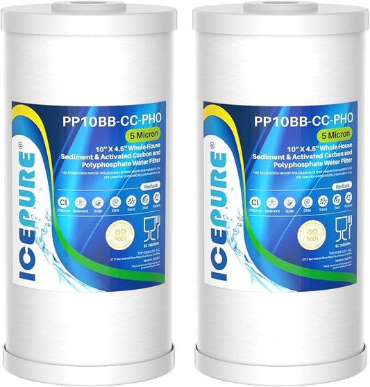 ICEPURE 5 Micron 10" x 4.5" Whole House Sediment Activated Carbon and Anti Scale Water Filter Compatible with GE FXHTC, GXWH40L, Whirlpool WHKF-GD25BB GXWH35F Dupont WFHD13001 RFC-BBSA W50PEHD, 2PACK