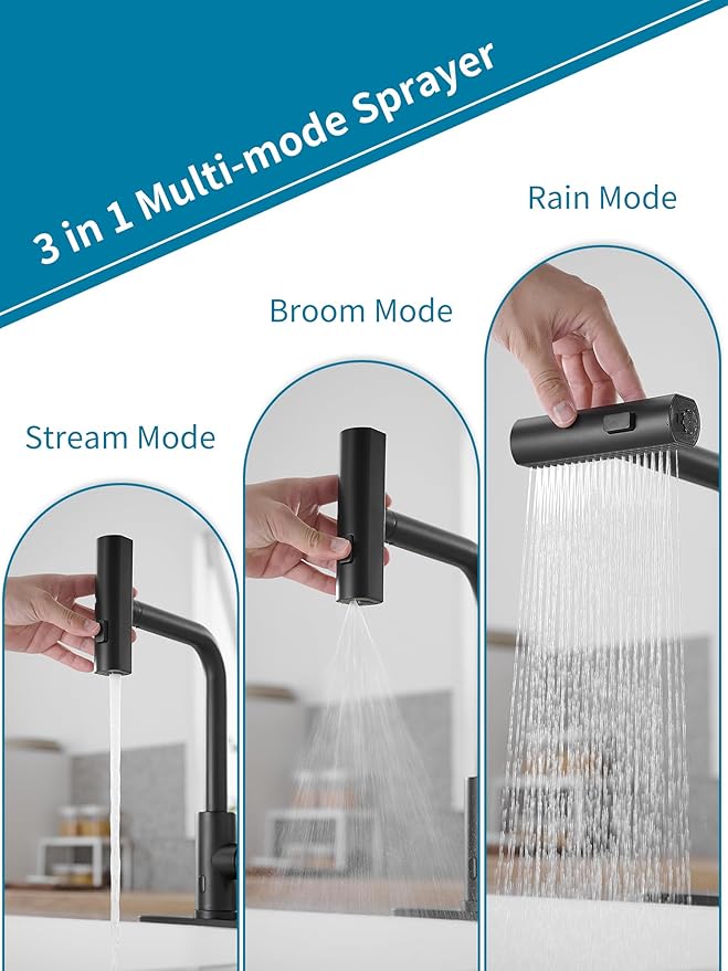 Touchless Black Kitchen Faucets with Pull Down Sprayer,Waterfall Kitchen Sink Faucet,Commercial Utility Stainless Steel Kitchen Faucets,Single Handle Kitchen Sink Faucet for 3 Function