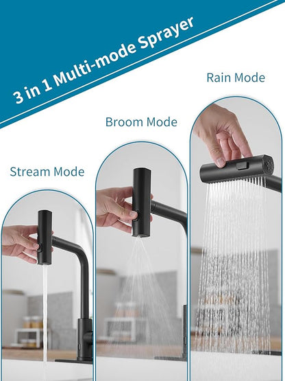 Touchless Black Kitchen Faucets with Pull Down Sprayer,Waterfall Kitchen Sink Faucet,Commercial Utility Stainless Steel Kitchen Faucets,Single Handle Kitchen Sink Faucet for 3 Function