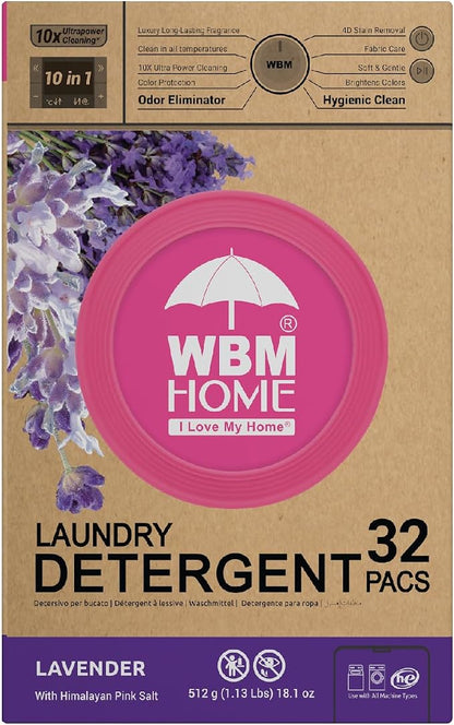 WBM 10-in-1 Laundry Detergent Pods, Fabric Softener with Lavender Extracts, High-Efficiency Laundry Pods with Powerful Stain Lifter Technology - 32 Count Bag