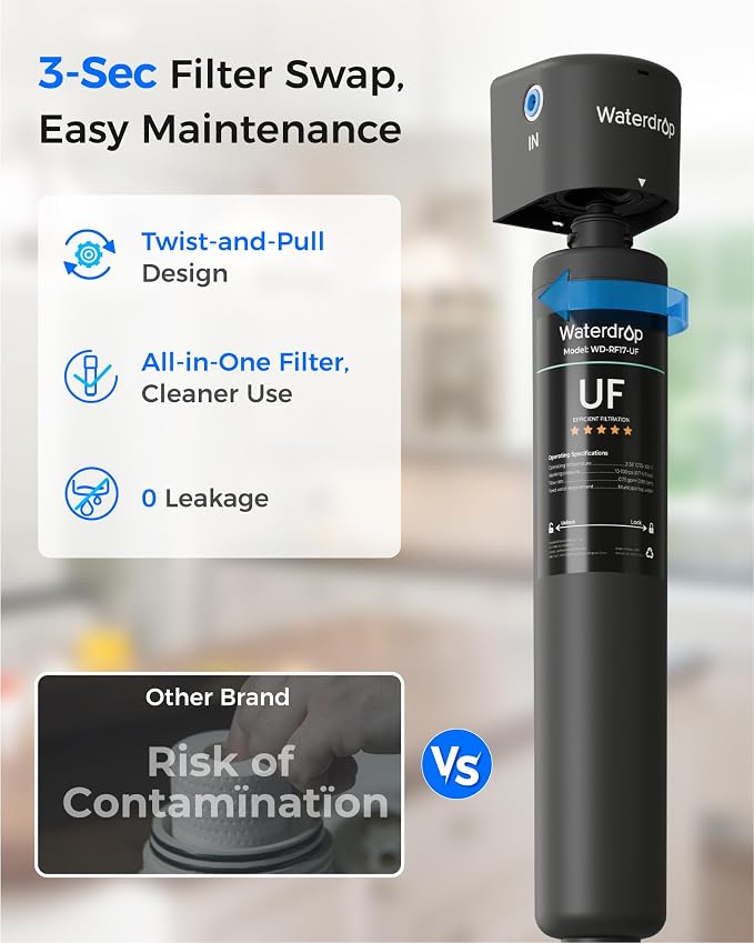 Waterdrop 17UB-UF 0.01 μm Ultra Filtration Under Sink Water Filter System | Reduces Lead, Chlorine, Bad Taste & Odor, with Dedicated Brushed Nickel Faucet, 3 Years
