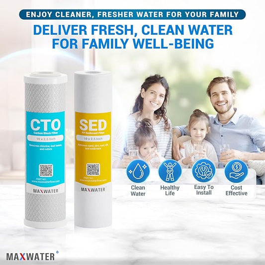 Max Water 5 Micron Replacement Water Filter Set 10” x 2.5” Sediment & Carbon Block (PP + CTO), 10 Pack