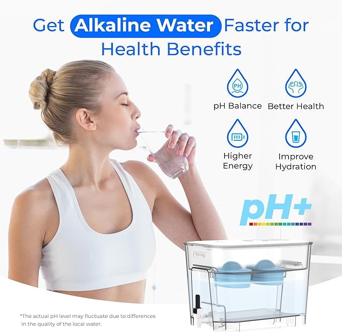 Waterdrop WFD-22W-DF-A Water Filter Dispenser, Alkaline 40-Cup Water Purifier, 2 Built-in Filters, 8X Faster Filtration, 200-Gallon Lifespan, Mineralized Alkaline Water, Reduces Chlorine, White