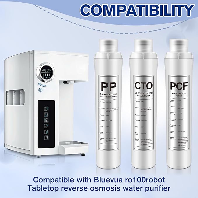 3 Pack Water Filter Replacement Compatible with Bluevua RO100ROPOT, Water Filters Set, 1 PP, 1 CTO, 1 PCF, Improved Drink Quality, Easy to Replace for Household Daily Use Drinking