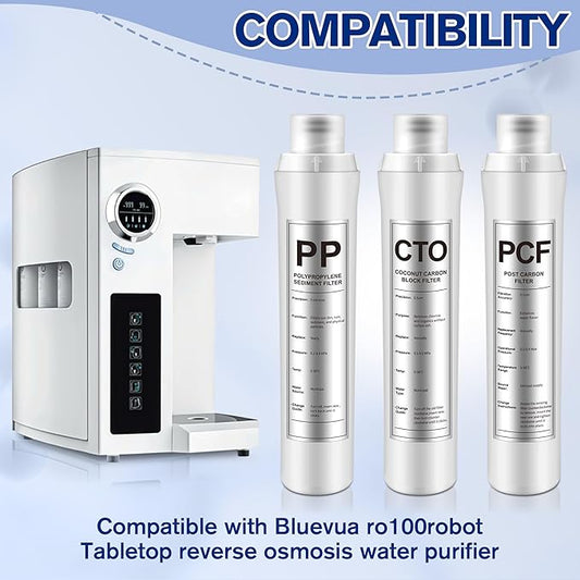 3 Pack Water Filter Replacement Compatible with Bluevua RO100ROPOT, Water Filters Set, 1 PP, 1 CTO, 1 PCF, Improved Drink Quality, Easy to Replace for Household Daily Use Drinking