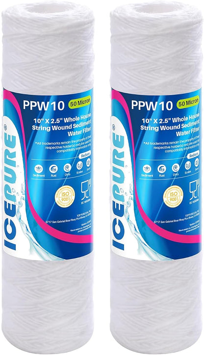 ICEPURE 50 Micron 10" x 2.5" String Wound Sediment Water Filter Cartridge for Well filter Universal Replacement for Any 10 inch RO Unit, WP-5, Aqua-Pure AP110 CFS110 Culligan P5 WFPFC4002 CW-MF, 2PACK