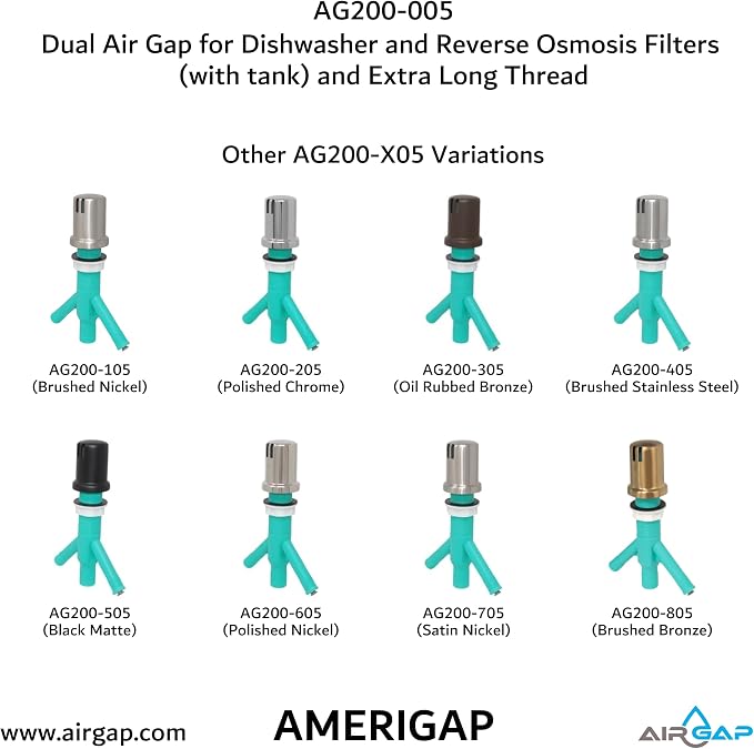 Dual Air Gap for Dishwasher and Reverse Osmosis Filters (with tank) and Extra Long Thread (AG200-005, AG200-002, T52 RO KIT, AMERIGAP)